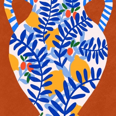 Ilustração de vaso de cerâmica colorido com folhas e frutos