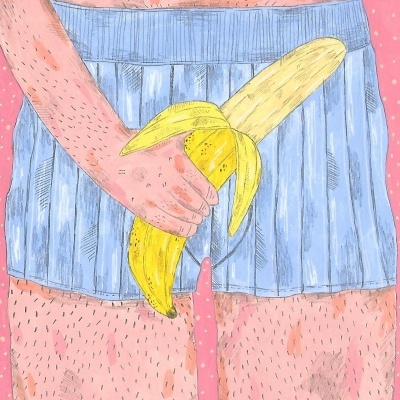 Ilustração de homem com cueca azul segurando banana descascada