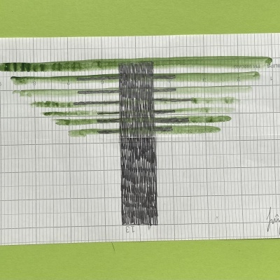 Desenho em folha quadriculada com padrões verdes e pretos sobre fundo verde