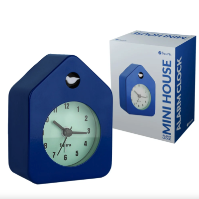 Relógio de mesa azul em forma de casa com alarme e caixa