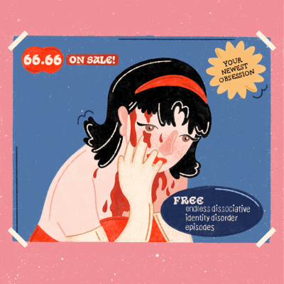 Ilustração de mulher com cabelo preto e fita vermelha em moldura azul com texto promocional