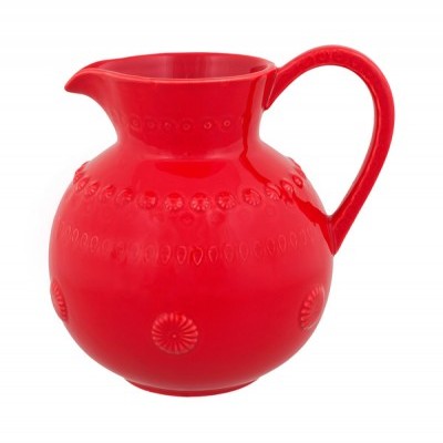 Jarro cerâmico vermelho com textura decorativa e bico servido