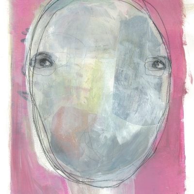 Pintura abstrata com forma oval cinzenta e fundo rosa