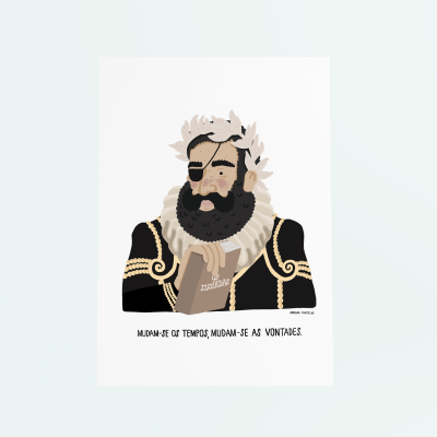 Ilustração de homem com coroa de louros e tapa-olho segurando livro com texto e frase em português abaixo