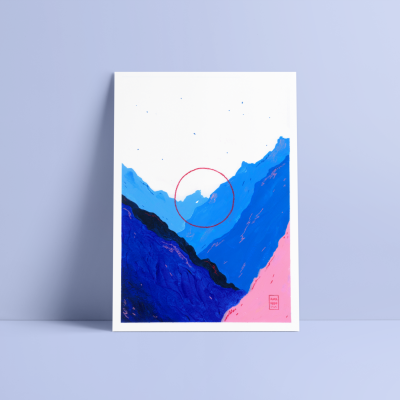 Poster abstrato azul e rosa com círculo vermelho e pontos azuis