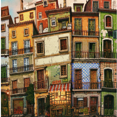 Ilustração de prédios antigos coloridos com varandas na rua