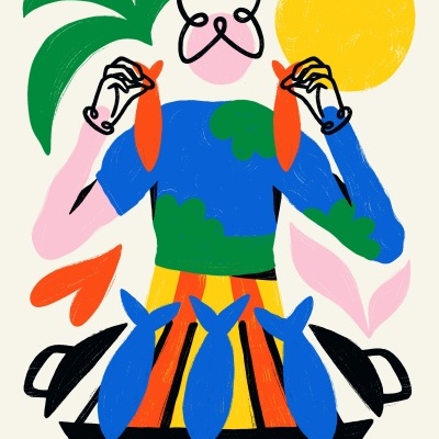 Ilustração minimalista de pessoa com avental segurando cenouras perante panela com peixes coloridos