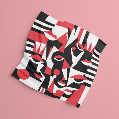 Lenço com padrão abstrato vermelho, preto e branco estilizado.