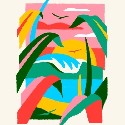 Ilustração colorida de Ericeira, Portugal, com plantas, mar, sol e aves