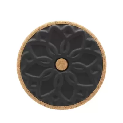 Tampa redonda de cortiça com padrão floral preto em relevo
