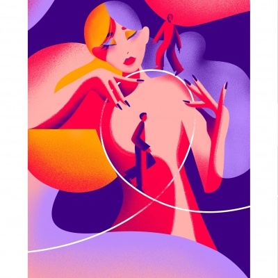 Ilustração digital colorida com figuras humanas estilizadas em roxo, vermelho, laranja e amarelo.