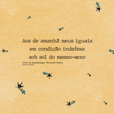 Capa de livro amarelo com texto poético de Fernando Pessoa e pequenos ramos verdes