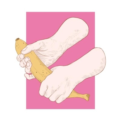 Desenho de mãos segurando banana sobre fundo rosa