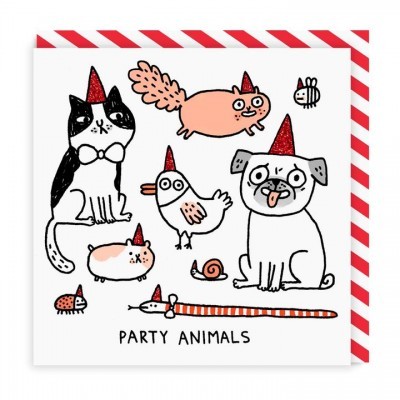 Cartão com ilustrações coloridas de animais de festa e texto PARTY ANIMALS