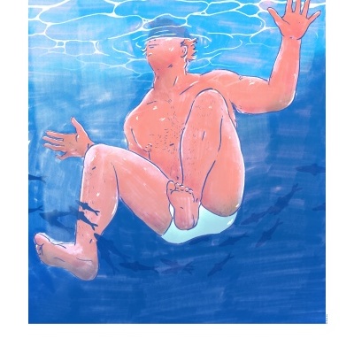 Ilustração de homem a flutuar debaixo de água com roupa interior branca e peixes no fundo azul