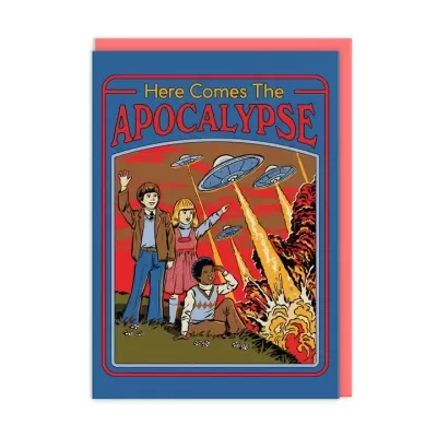 Cartão ilustrado com crianças e discos voadores, texto 'Here Comes The APOCALYPSE'.