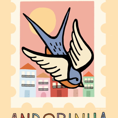 Ilustração de selo postal com andorinha voando sobre casas coloridas e o sol ao fundo