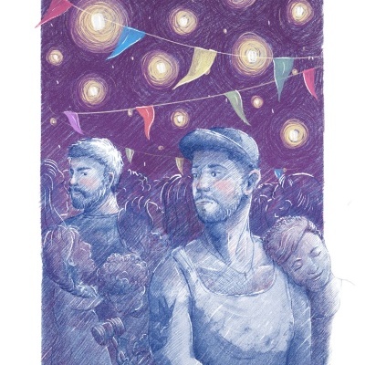 Ilustração de pessoas numa festa ao ar livre à noite com luzes e bandeiras coloridas