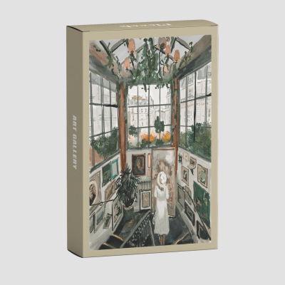 Caixa de puzzle com ilustração de mulher numa galeria de arte