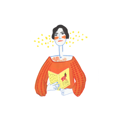 Desenho de pessoa com camisola laranja a segurar um livro amarelo