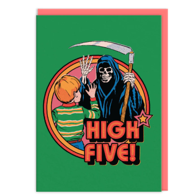 Cartão com ilustração de criança a dar high five com a Morte, texto 'HIGH FIVE!'