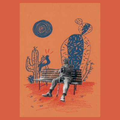 Homem sentado num banco rodeado por desenhos de cactos e um pássaro num fundo laranja.
