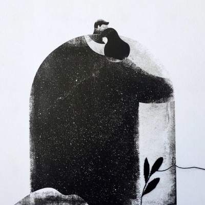 Ilustração preto e branco de um pato sobre forma arredondada texturizada com planta ao lado