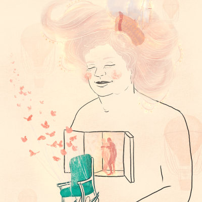 Ilustração de mulher com cadeira verde, navio no cabelo e borboletas cor-de-rosa voando.