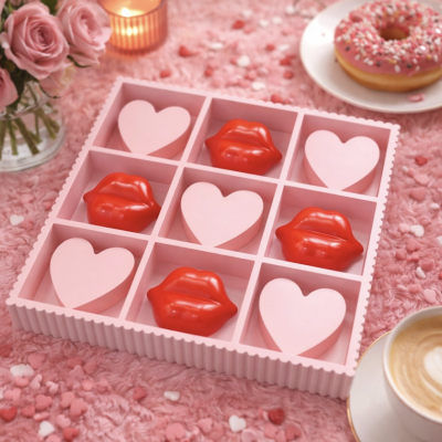 Caixa rosa com chocolates em forma de corações e lábios, sobre fundo rosa felpudo