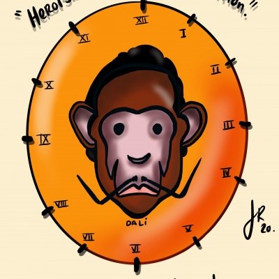 Desenho de relógio com rosto de macaco e texto em inglês sob fundo bege.