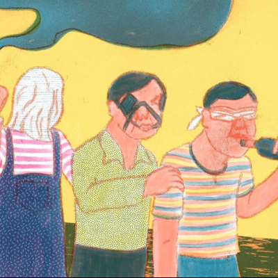 Ilustração colorida de três pessoas com estilos variados, uma de costas e duas de frente, uma bebida de uma garrafa.