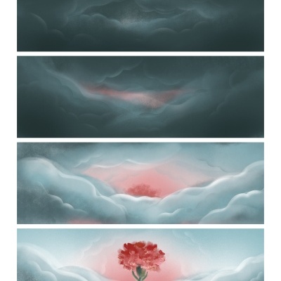 Quadro digital com quatro imagens de nuvens azuis e uma flor vermelha emergente