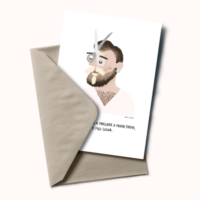 Cartão ilustrado com homem de barba, envelope cinzento e texto em português.