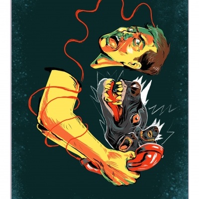 Ilustração digital de braço amarelo segurando cabeça humana e cabeça de cão feroz, com cordão vermelho