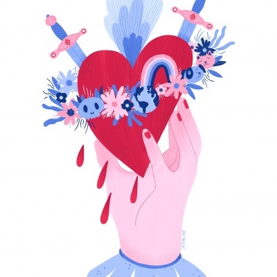 Ilustração de mão segurando coração decorado com flores e espadas