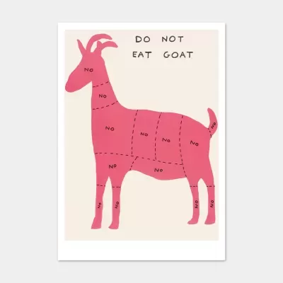 Ilustração de uma cabra cor-de-rosa com divisões e palavras NO e texto DO NOT EAT GOAT em fundo bege