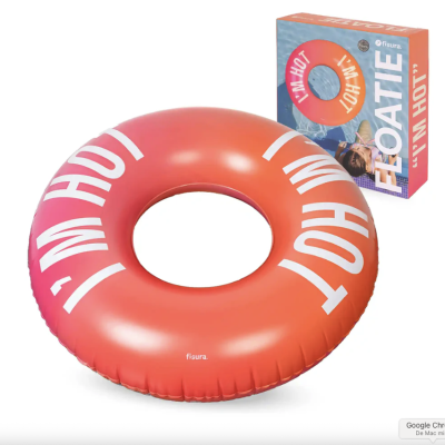 Boia insuflável vermelha com texto branco e embalagem colorida