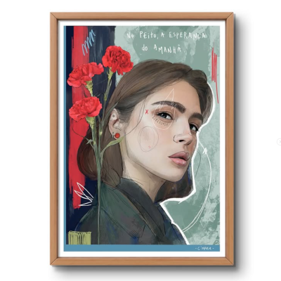 Pintura digital de mulher com cravos vermelhos e texto manuscrito