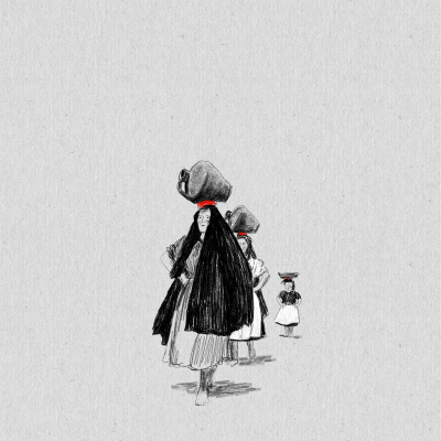 Desenho preto e branco de três mulheres com objectos na cabeça e laços vermelhos no cabelo.