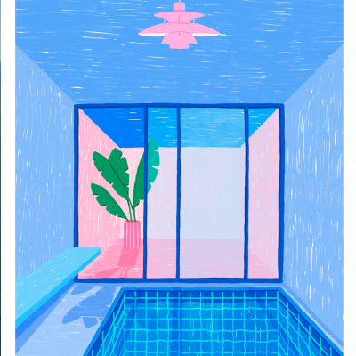 Piscina interior azul com banco, vaso rosa com planta e candeeiro suspenso rosa