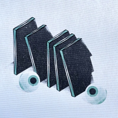 Ilustração de livros empilhados e objetos redondos azuis