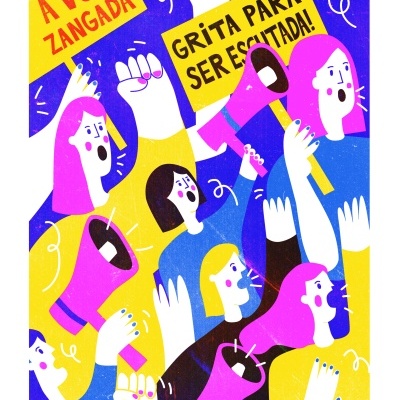 Ilustração colorida de pessoas com megafones e cartazes com textos 'A VOZ ZANGADA' e 'GRITA PARA SER ESCUTADA!'