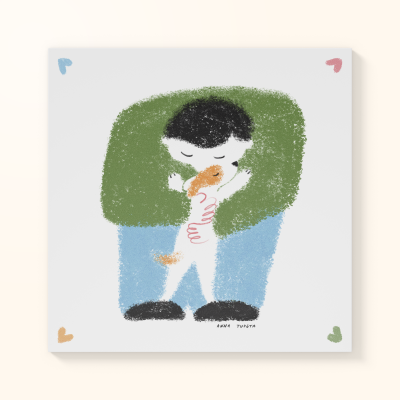 Ilustração de pessoa a abraçar cão com corações nos cantos