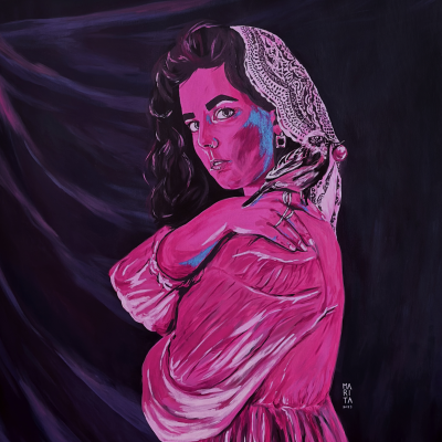 Pintura colorida de mulher com vestido rosa, lenço rendado e pássaro na mão