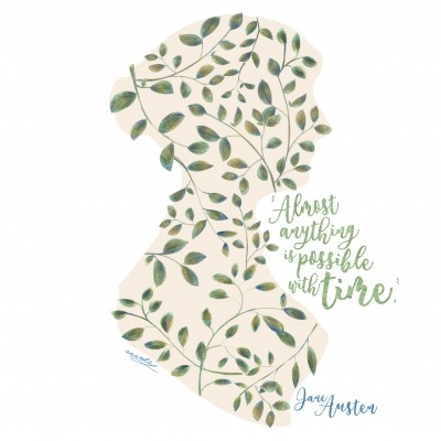 Silhueta feminina com folhas verdes e texto inspirador de Jane Austen