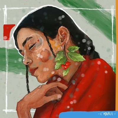 Mulher com brincos de folhas e bagas vermelhas, casaco vermelho e fundo abstrato verde e cinza