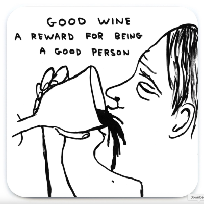 Ilustração a preto e branco de pessoa a beber vinho com texto motivacional