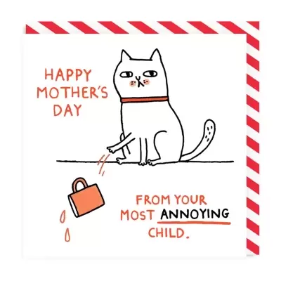 Desenho de gato branco com texto de feliz dia da mãe e moldura de riscas vermelhas e brancas