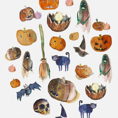 Ilustrações desenhadas à mão de abóboras, fantasmas, gato preto, morcego, caveira, velas e chapéus de bruxa em tema Halloween.