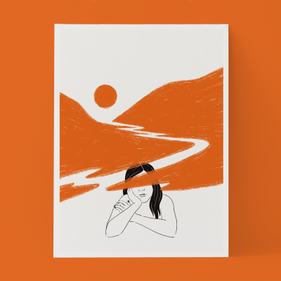 Cartaz decorativo minimalista com ilustração em laranja de uma paisagem e figura feminina
